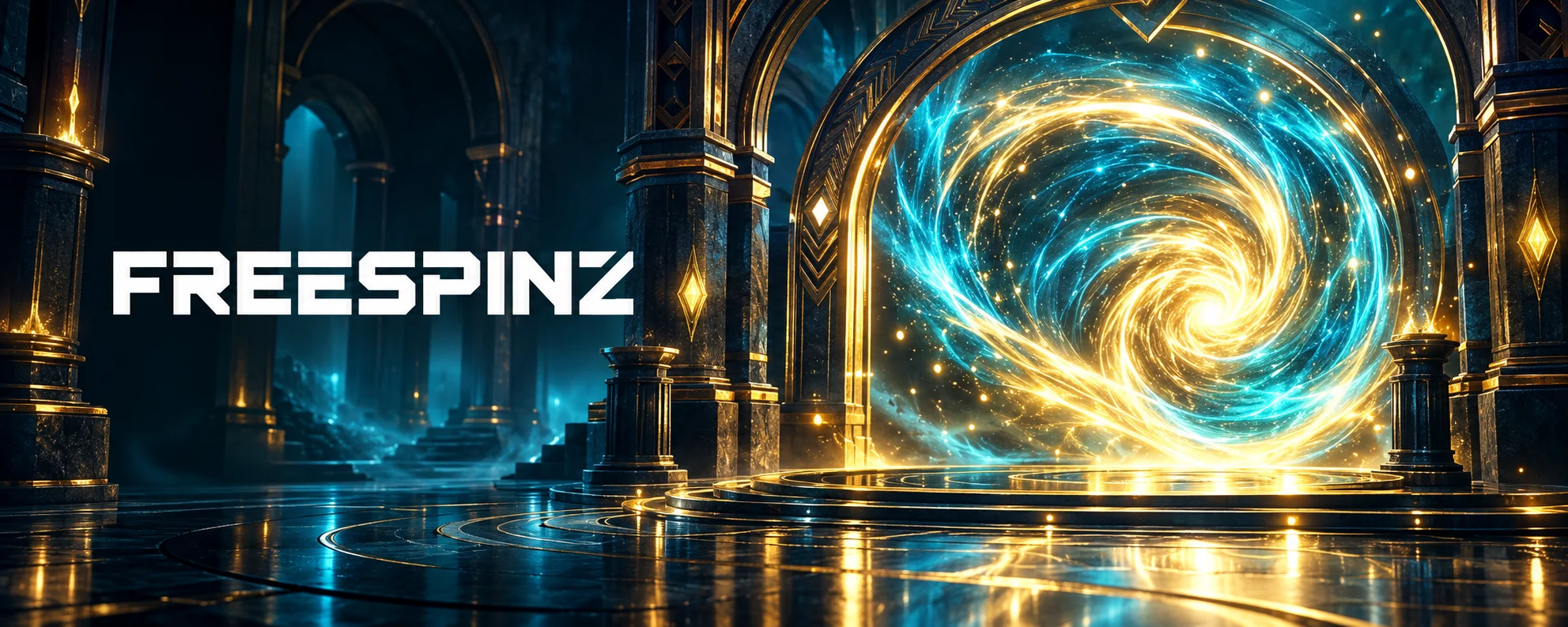 Σκούρο μπλε εικαστικό του FreeSpinz με χρυσή δίνη και λευκό λογότυπο